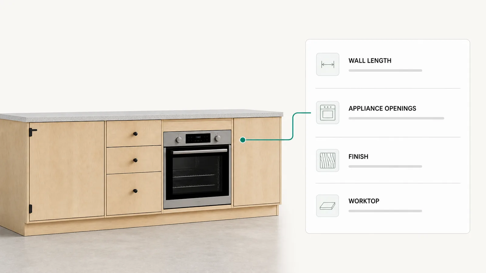 Cabinet run guided selling screen using wall length and appliance openings to narrow cabinet and worktop choices.