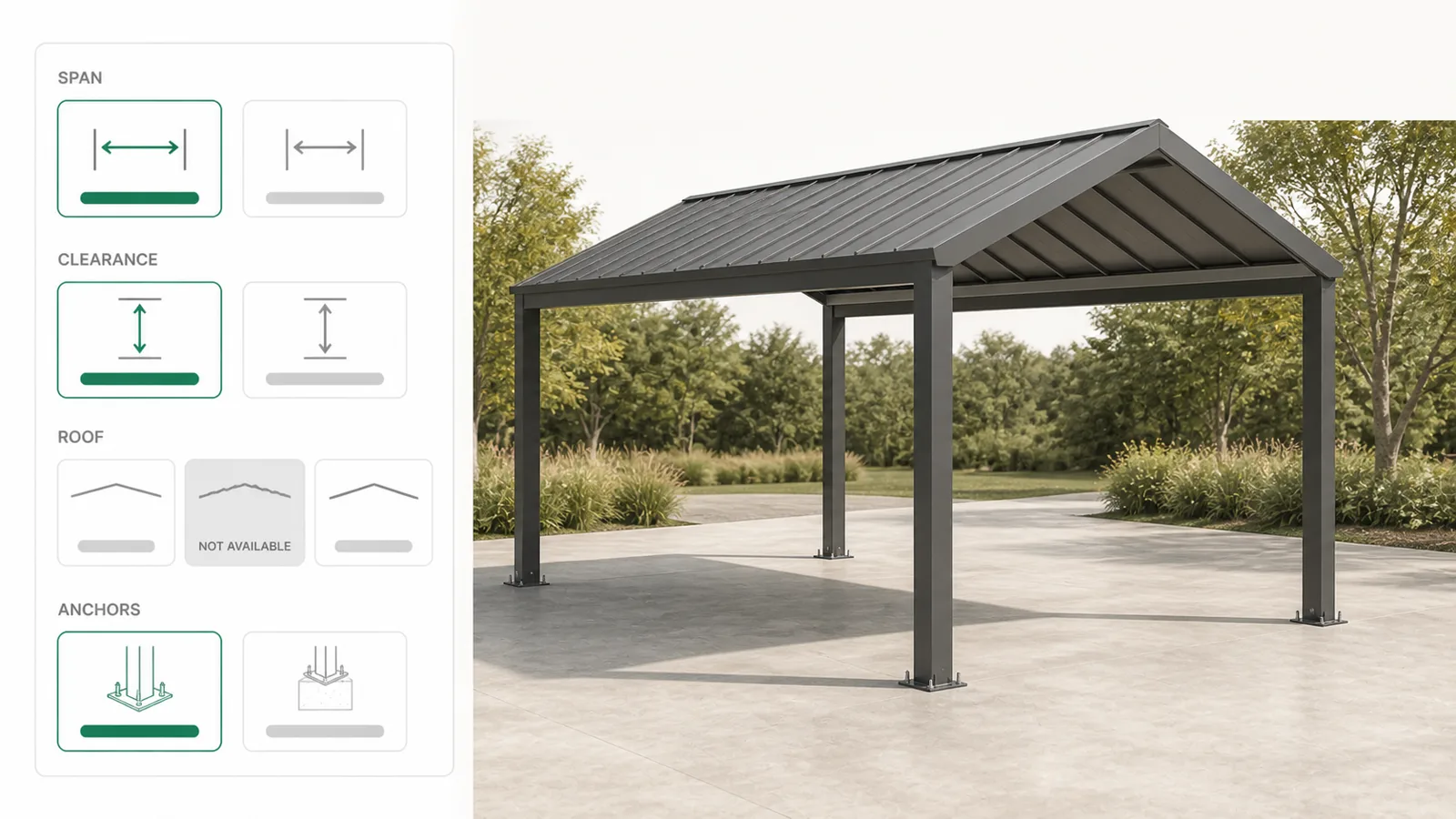 Guided selling example for a steel carport, with span and clearance questions narrowing the valid roof and anchor choices.