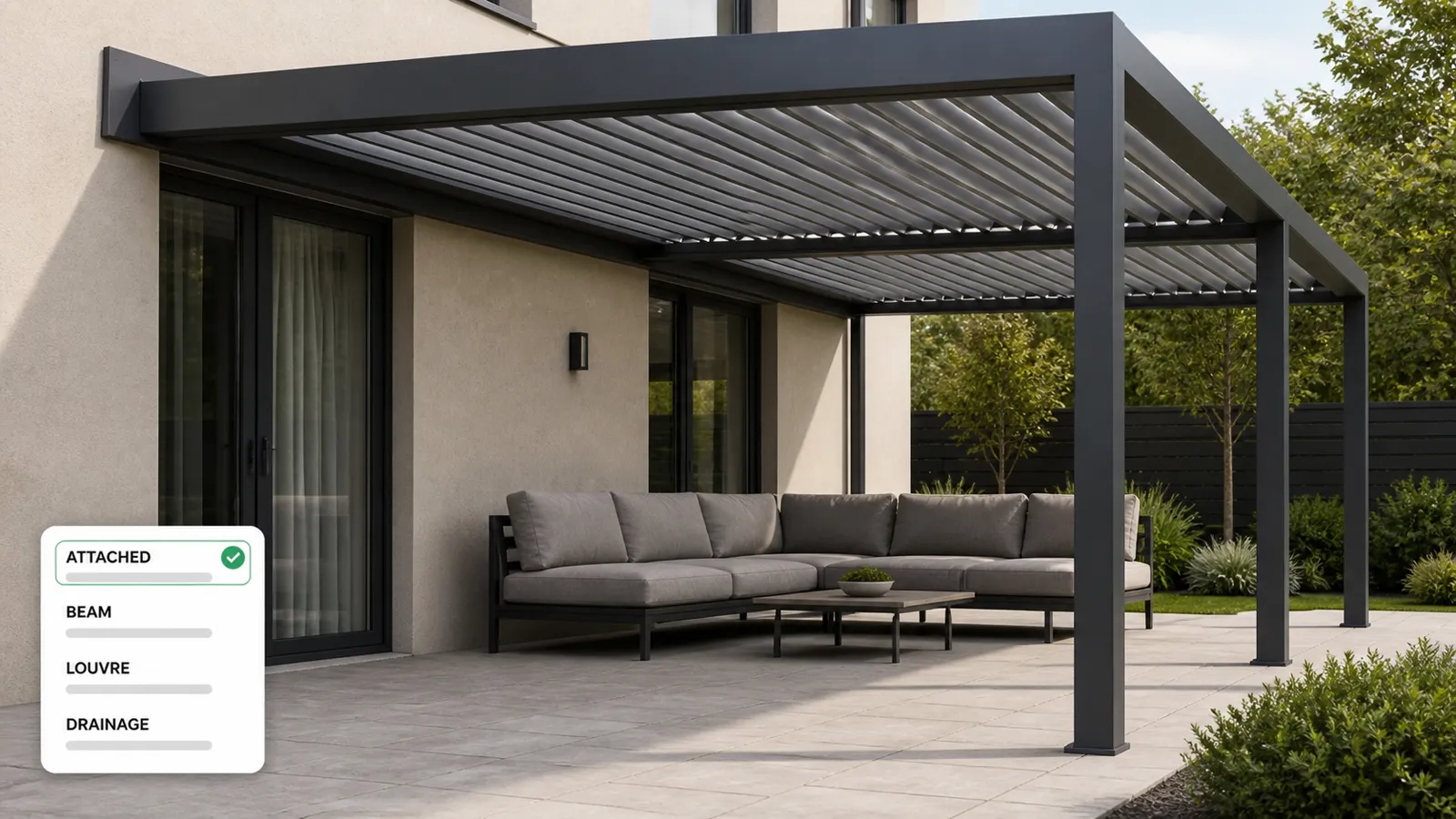 Pergola question flow selecting an attached build before showing compatible beam, post, louvre, and drainage choices.