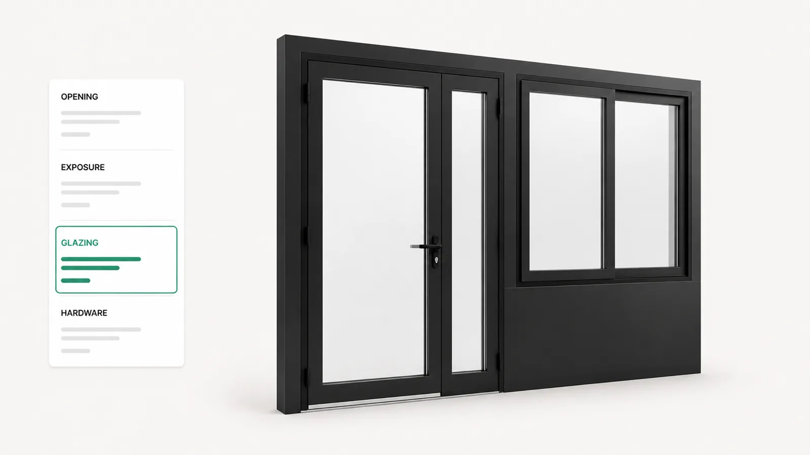 Window and door guided selling flow narrowing frame, glazing, and hardware choices from the opening and exposure.