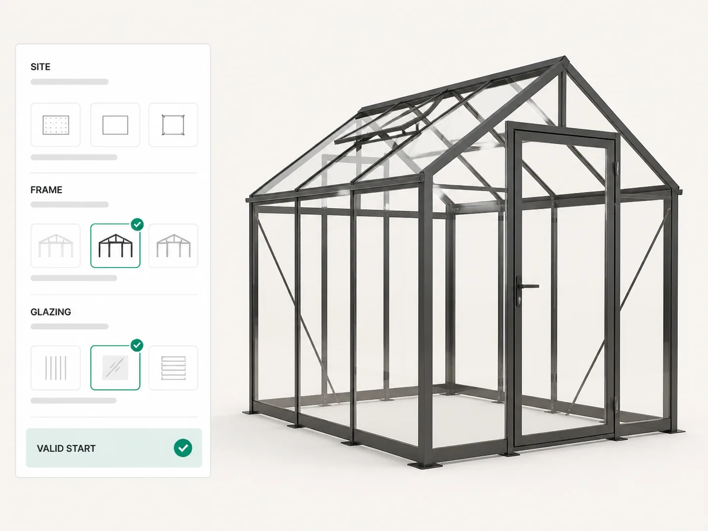Guided selling screen for a modular greenhouse, with a short question path narrowing the valid frame, glazing, and door choices.