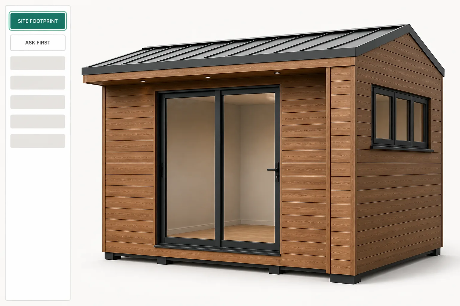 Garden office question screen asking for the site footprint before any finish or window choices appear.