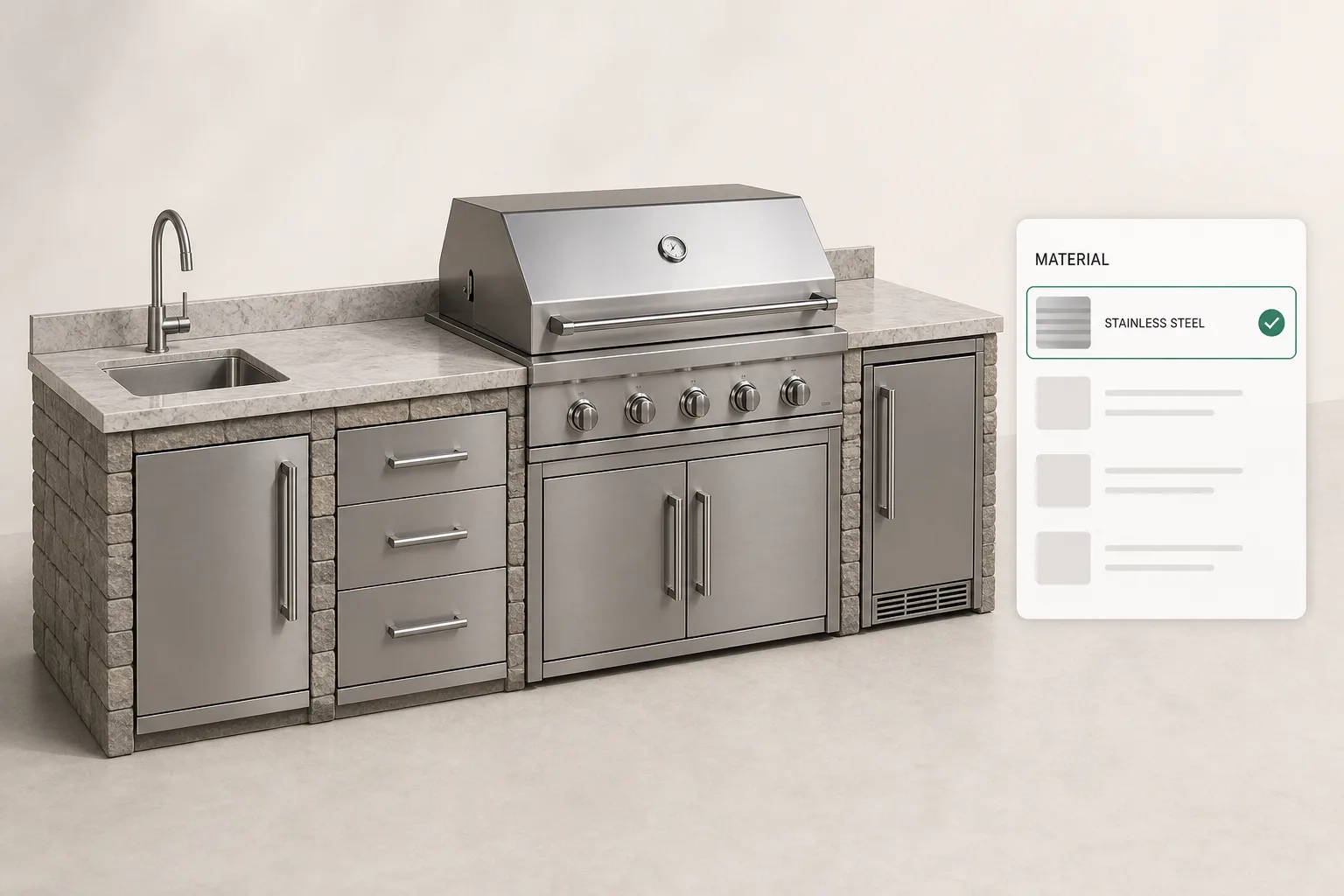 Outdoor kitchen question screen selecting stainless steel before compatible cabinet and worktop options appear.