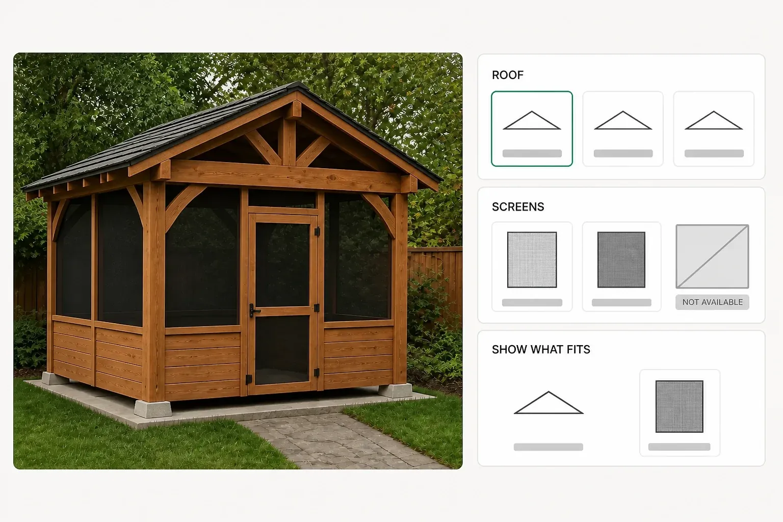 Gazebo option screen showing only roof and screen choices allowed by the selected size and cedar structure.
