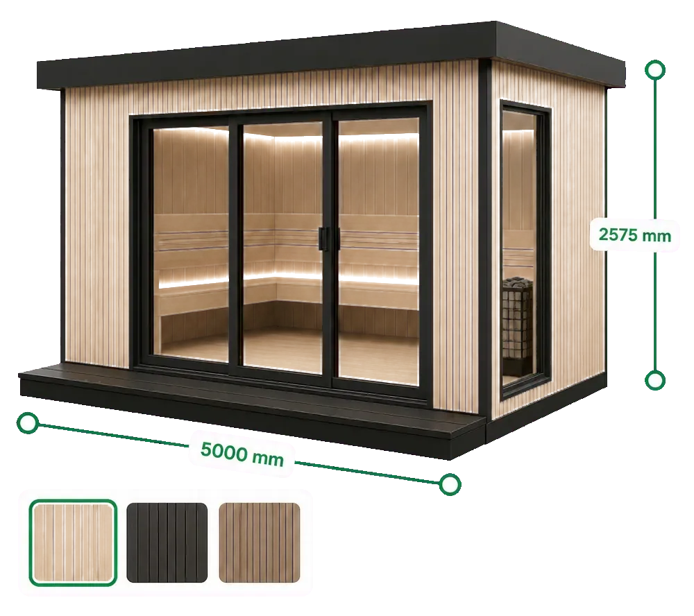 3D configurator render of an outdoor sauna with built-in dimension labels and color swatches.