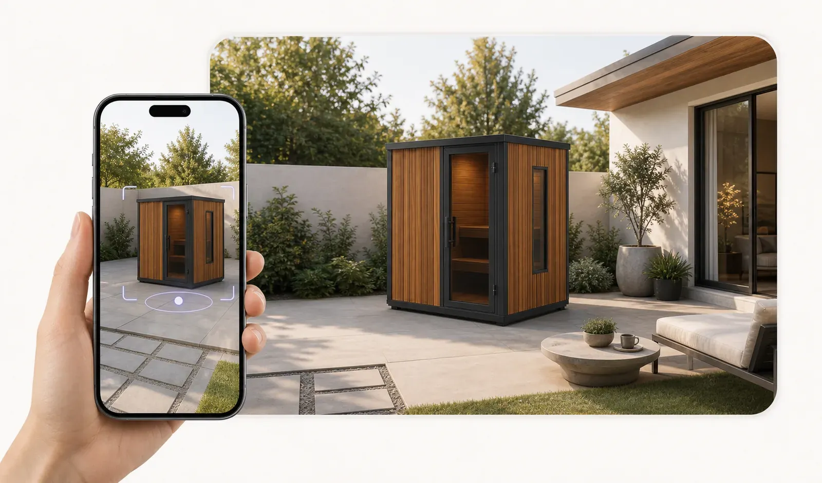 Phone using augmented reality to place a configured outdoor sauna in the buyer's backyard.