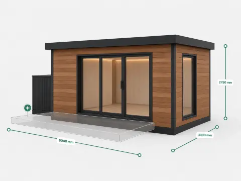 Garden cabin in a 3D configurator with sliding glass doors, dimension callouts, and an optional deck outline.