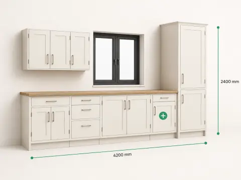 Example product: a run of shaker kitchen cabinets shown as a 3D model, its dimensions called out and a control offering to add one more base unit.