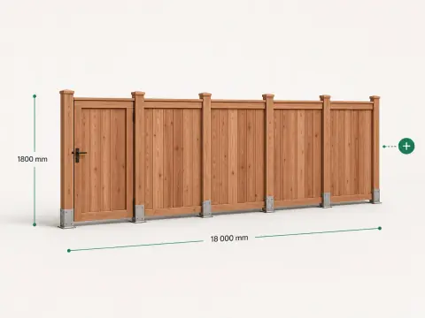 Example product: a run of cedar privacy fence with a gate shown as a 3D model, its dimensions called out and a control offering to add one more panel.