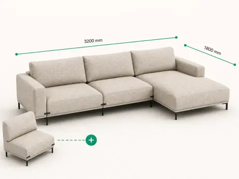 Example product: a modular sectional sofa shown as a 3D model, its dimensions called out and a control offering to add a chaise module.