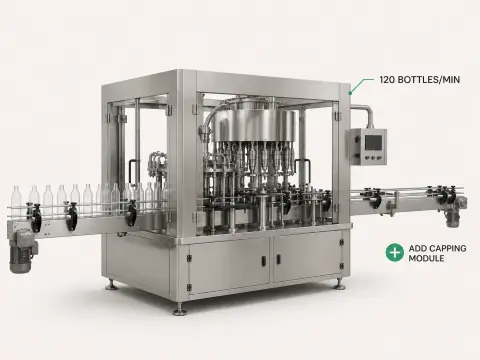 Example product: a rotary bottle filling machine shown as a 3D model, its throughput called out and a control offering to add a capping module.