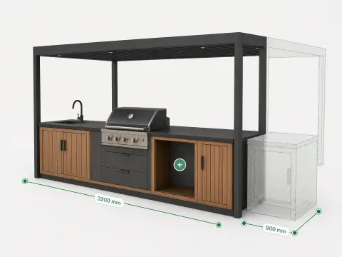 Example product: a modular outdoor kitchen island shown as a 3D model, grill and sink in place, pergola frame above, one more cabinet module ready to add.