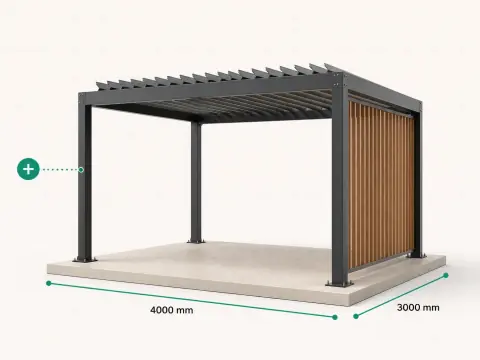 Example product: a louvered bioclimatic pergola over a patio shown as a 3D model, its dimensions called out and a control offering to add a side screen.