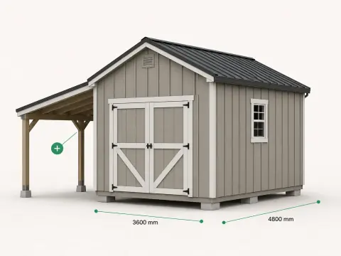 Example product: a gable storage shed with double doors shown as a 3D model, its dimensions called out and a control offering to add a lean-to carport.