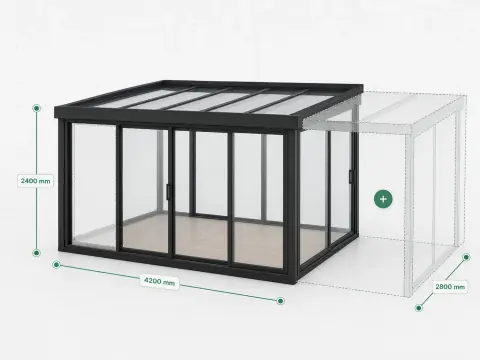Glass sunroom in a 3D configurator with dimension callouts and a ghosted extension module being added.