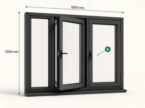Example product: a casement window with a sidelight shown as a 3D model, its dimensions called out and a control offering to add a second sash.