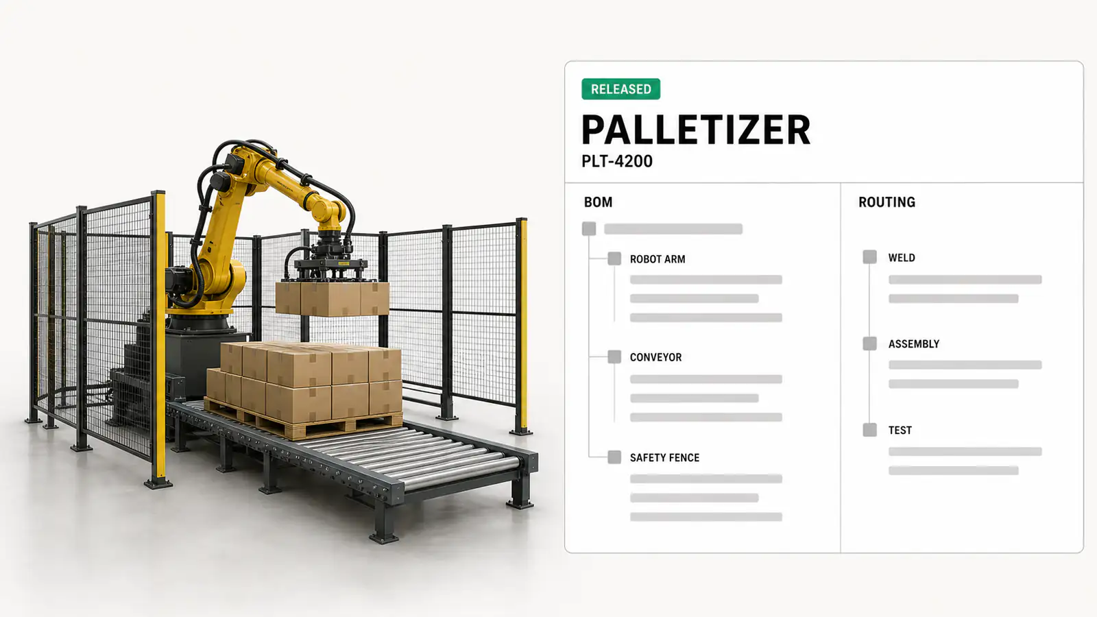 A multi-level bill of materials and routing released for a robotic palletizer, smart part numbers included.