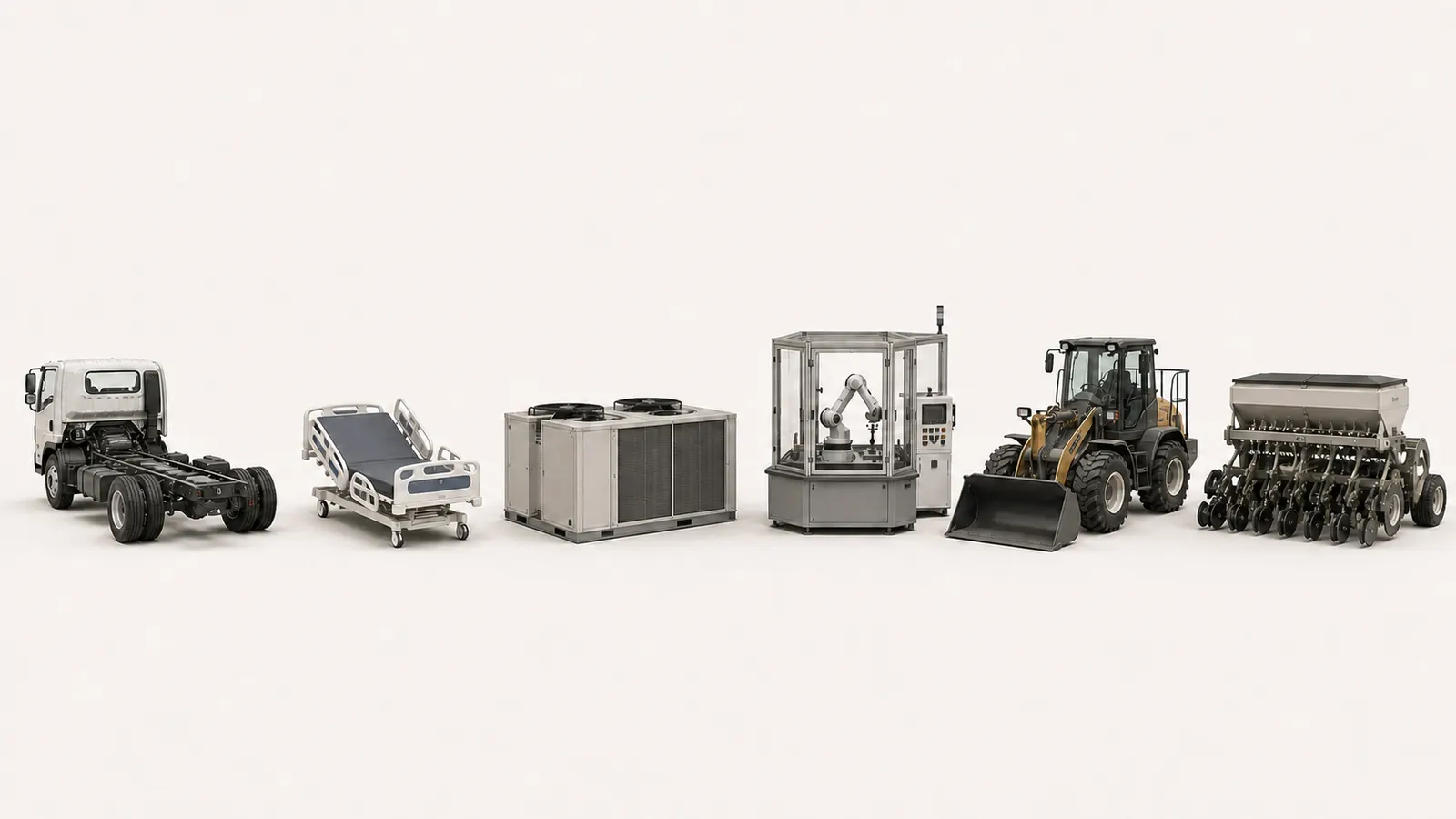 Six configurable machine classes: truck chassis, hospital bed, rooftop HVAC unit, assembly cell, wheel loader, seed drill.