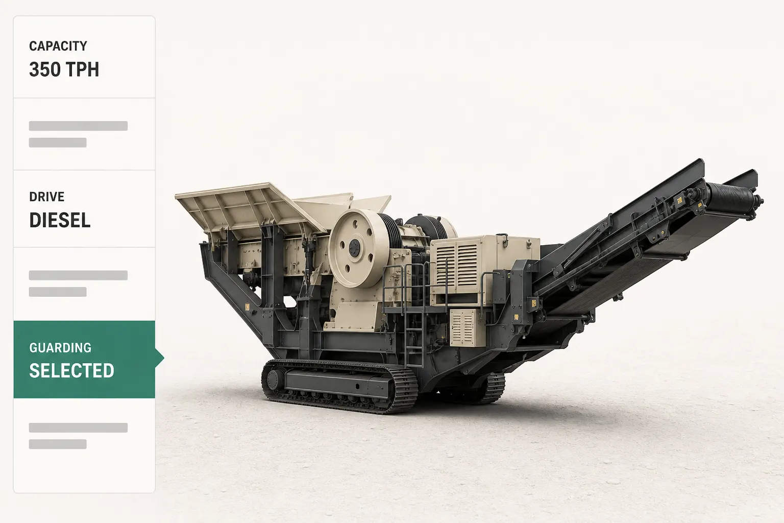 A dealer configuring a jaw crusher in 3D, capacity and drive chosen while the model redraws.