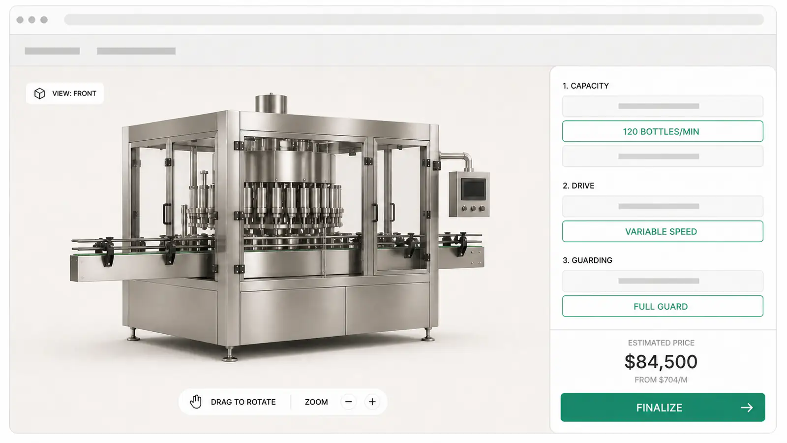 Industrial equipment manufacturing CPQ pricing a configured filling machine, the option list and total beside the 3D view.
