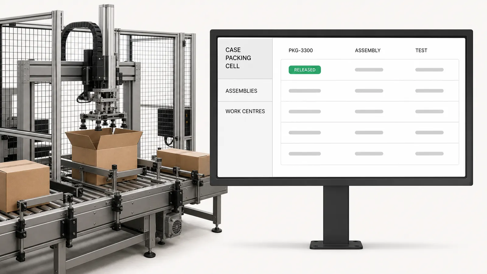 A released production order for a case packing cell on a shop monitor, carrying the configuration the customer approved.