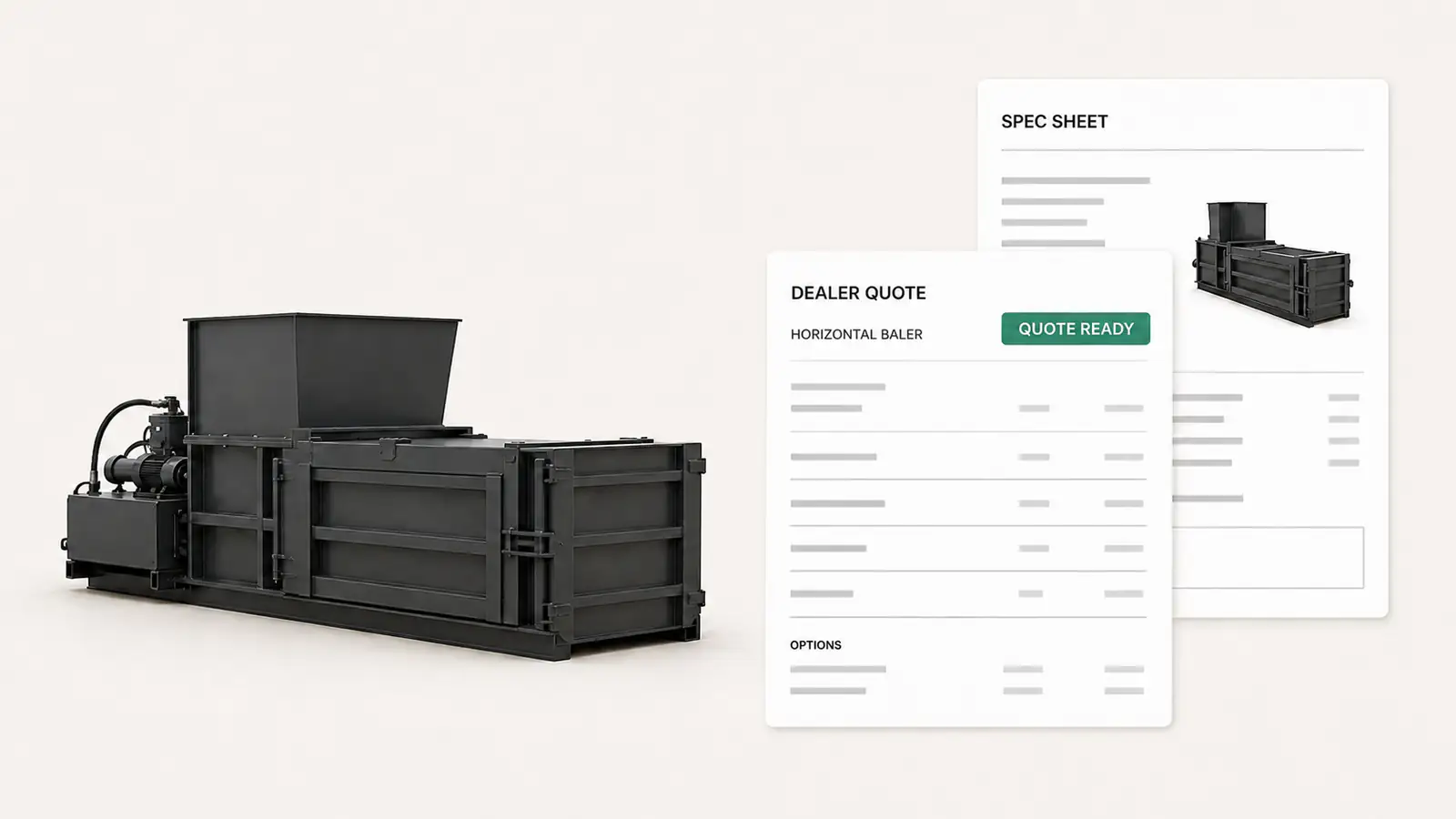 A branded quote for a horizontal baler carrying the option list, the 3D view and the machine spec sheet.