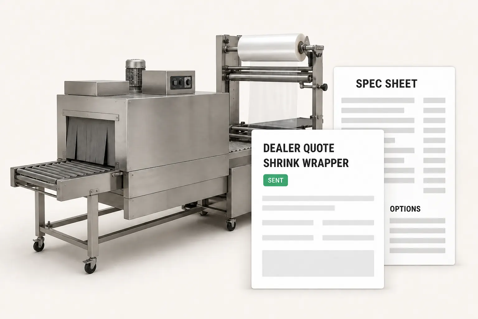 A branded quote and machine spec sheet for a shrink wrapper, sent from the dealer's own screen.