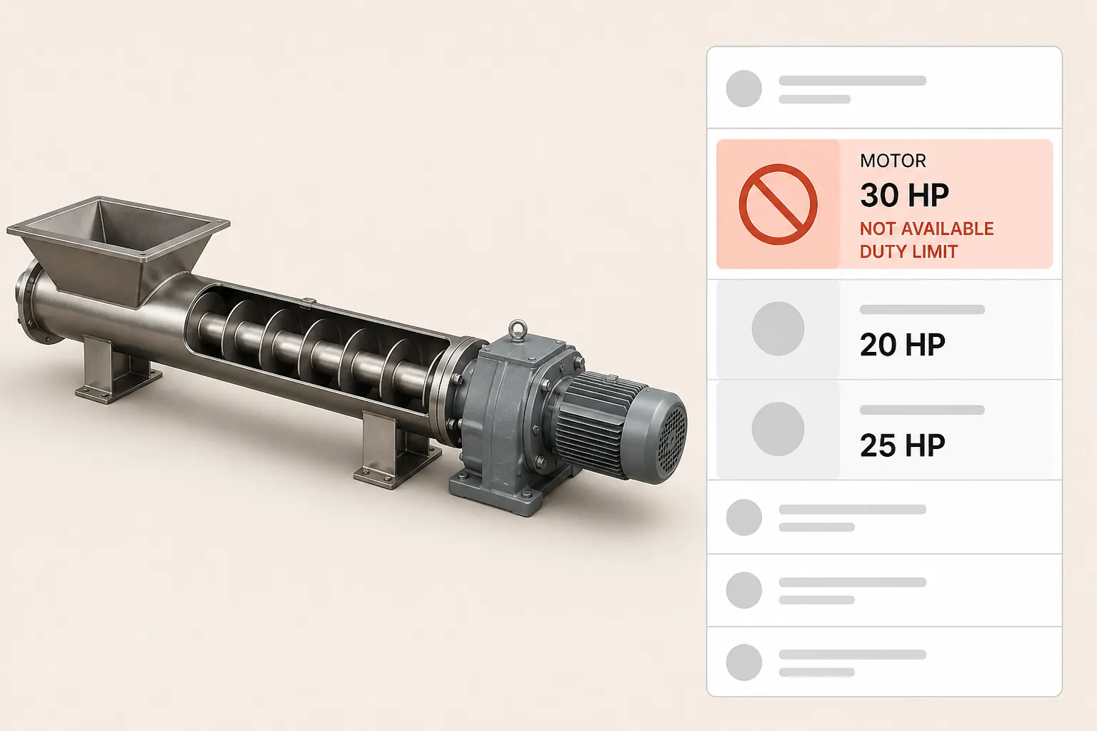 A build rule refusing an out of range motor and duty class pair on a screw conveyor.