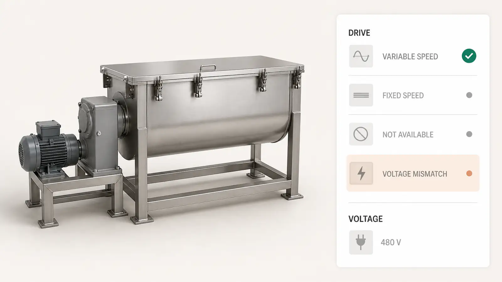 Option rules blocking an invalid drive and voltage pair on an industrial mixer while the buildable options stay open.
