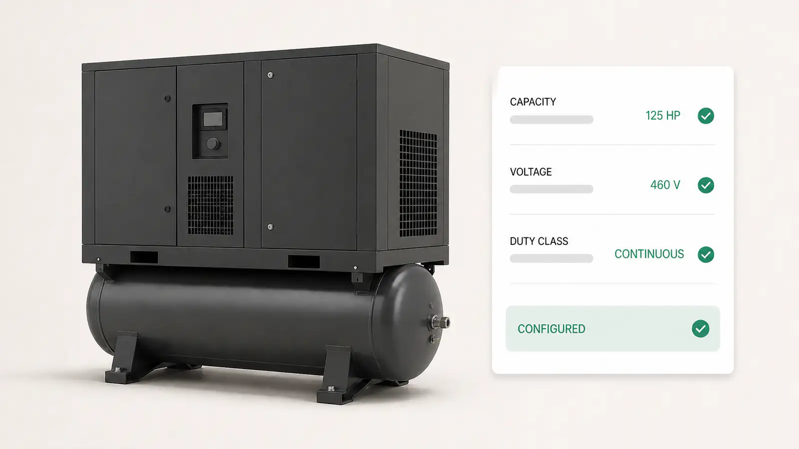 A rotary screw air compressor showing its capacity, voltage and duty class variants in one option list.