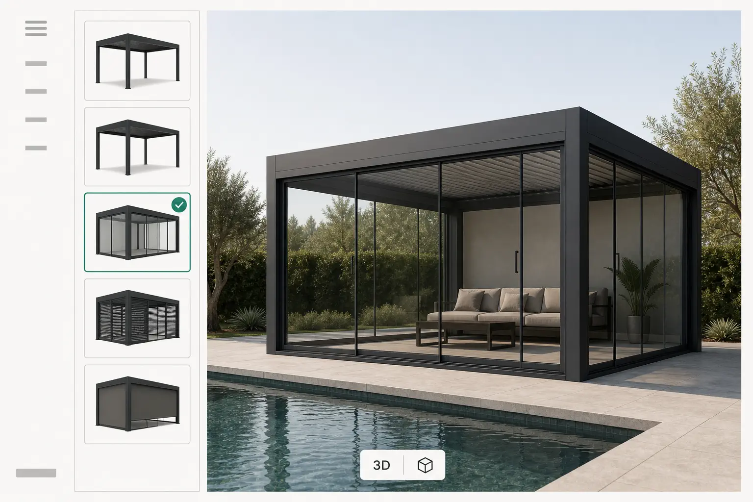 The pergola configurator assembling a poolside pergola with sliding glass walls in 3D.