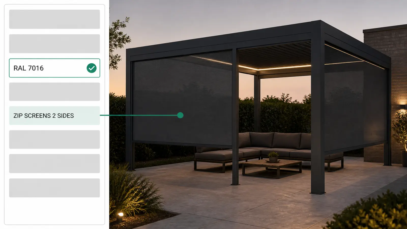 RAL color, LED lighting, zip screens and a wind sensor priced as options on one pergola.