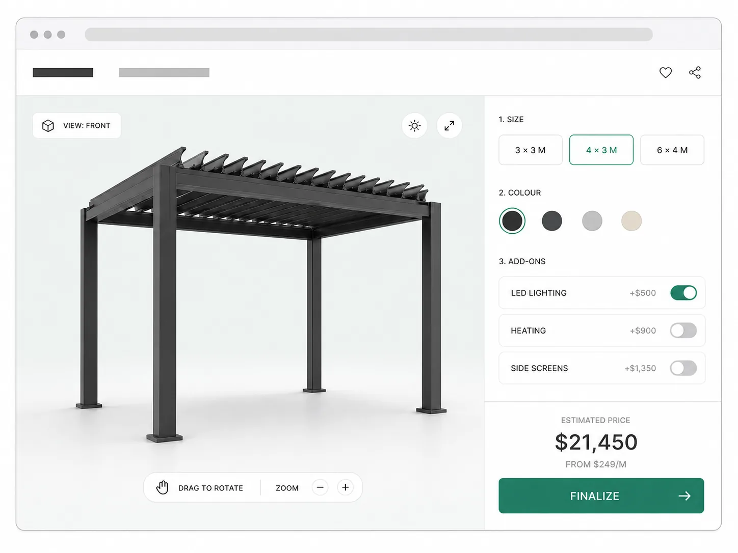 A pergola configurator pricing a freestanding bioclimatic pergola with rotating aluminum louvers, the span and the live total on a card beside it.