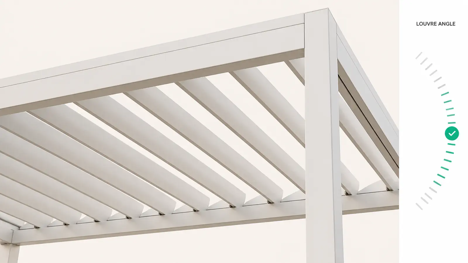 A motorized louvered roof turning in the pergola visualizer while the option strip sets the blade angle.