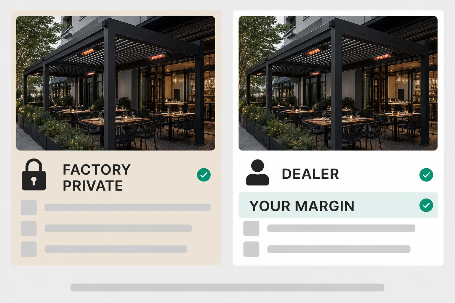 The same terrace pergola seen twice: the factory view keeps the cost private, the dealer view shows the price with their margin.