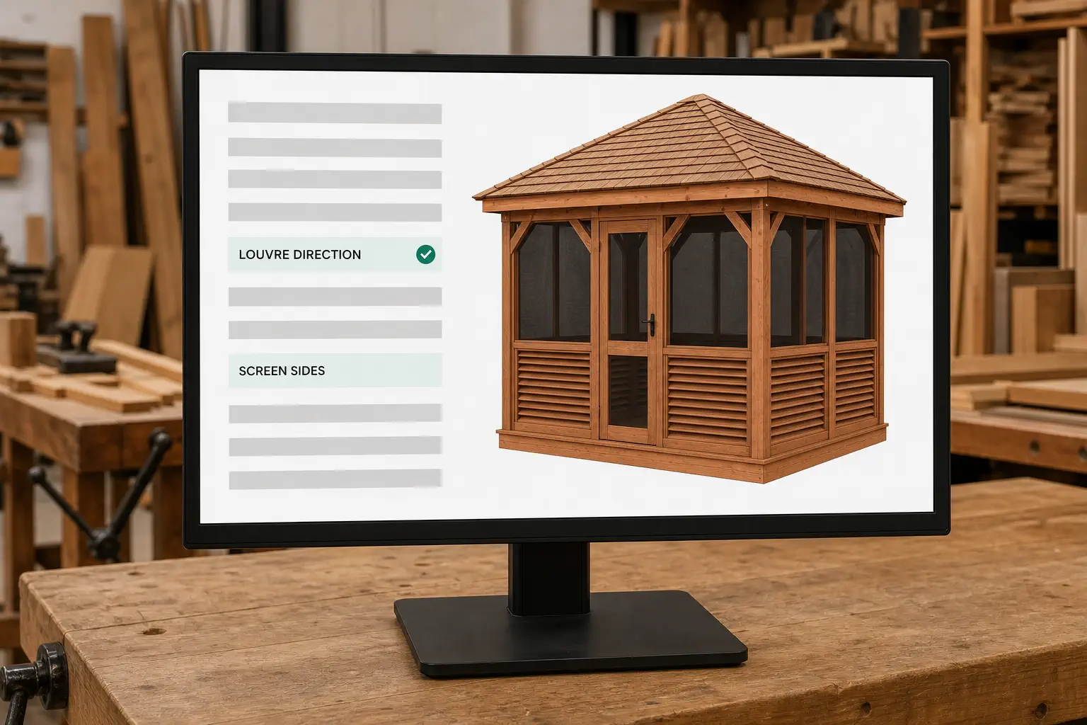A build sheet for a cedar gazebo on a shop monitor, carrying the same spec the buyer configured.