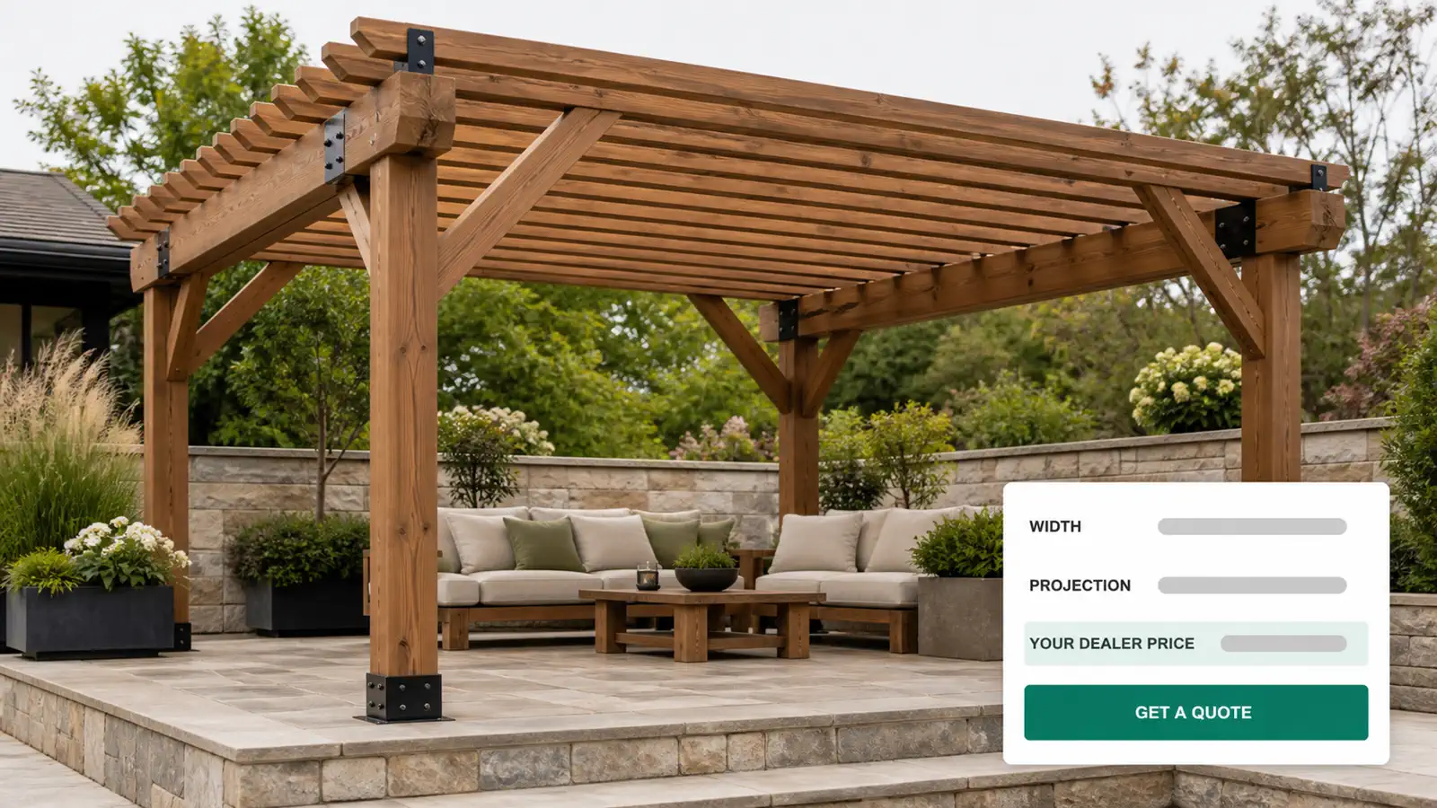 A pergola planner on the maker's own site, pricing a timber pergola over a terrace as the buyer sizes it.
