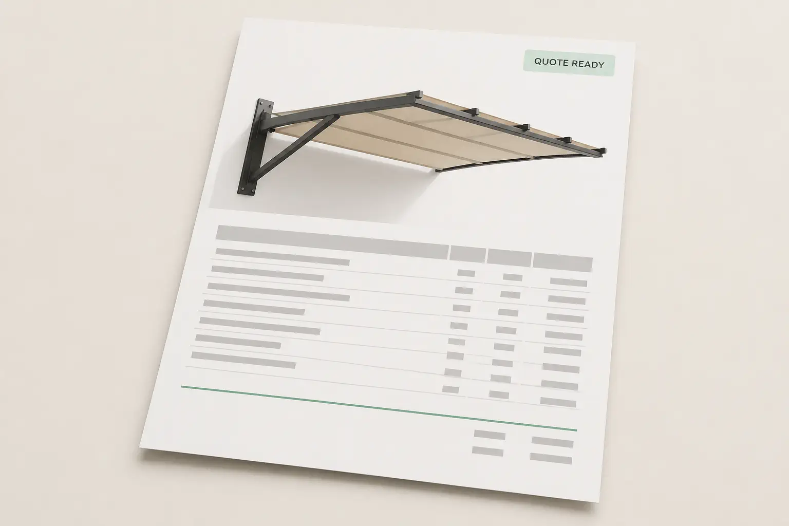 A branded PDF quote for a wall mounted cantilever pergola, with the design, the options and the total on one sheet.