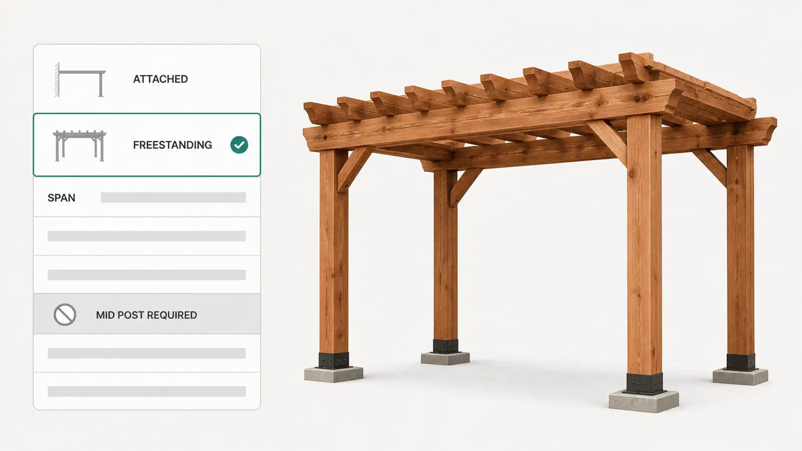 Structure and span options on a freestanding cedar pergola, with a span that needs a mid post flagged by the rules.