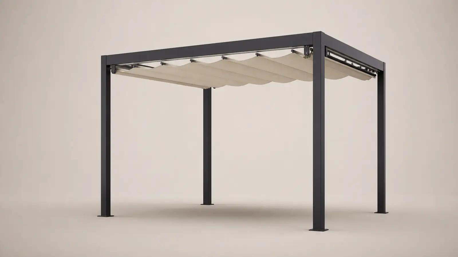 A pergola with a retractable fabric canopy, the build a configured quote hands to production without a second entry.