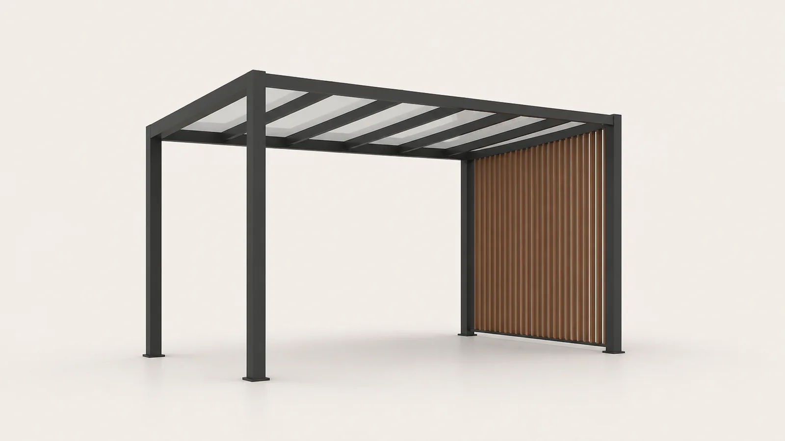 Charcoal aluminum pergola with a glass roof and timber privacy screen in the 3D configurator viewport