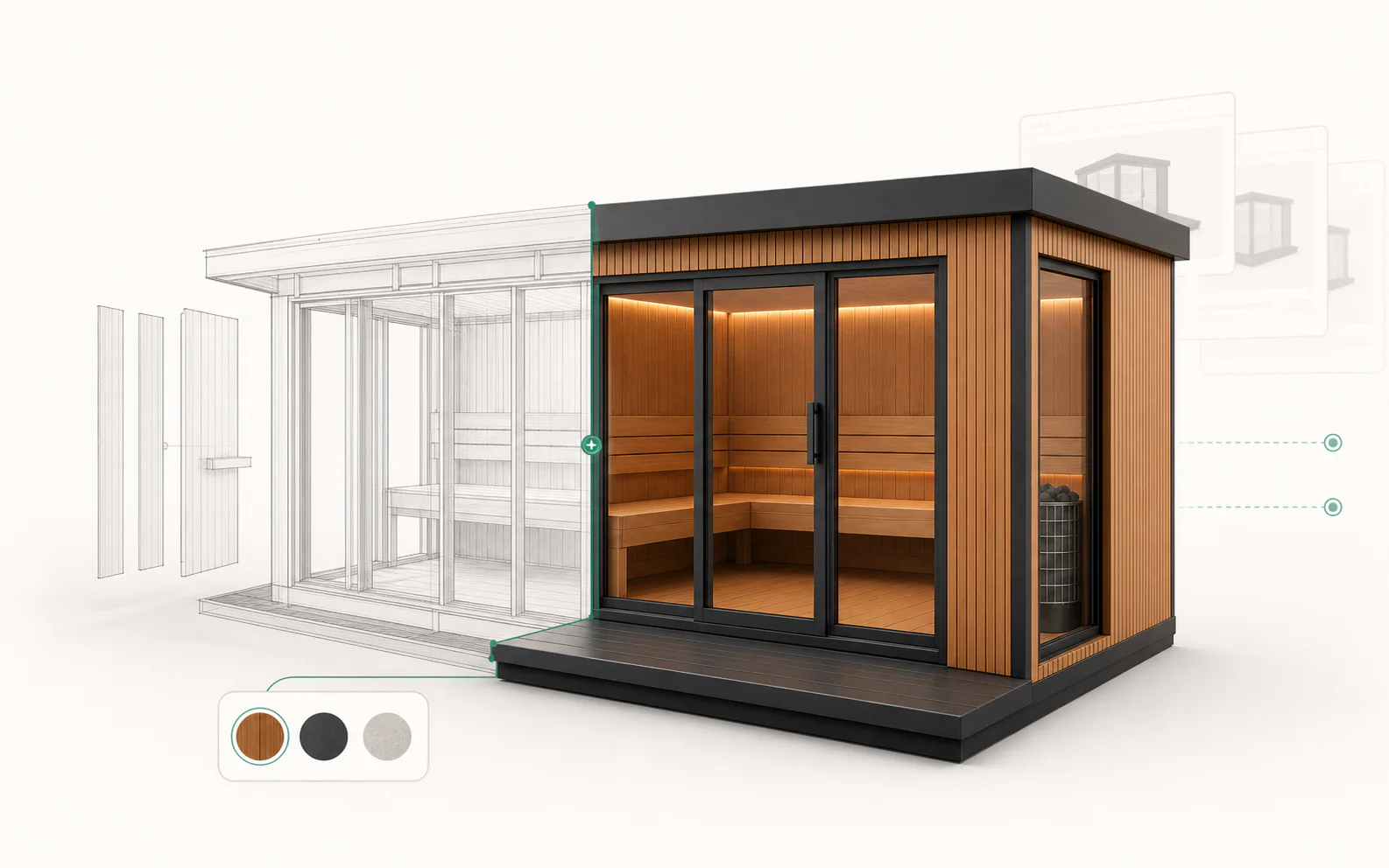 A cabin sauna, half wireframe and half finished render, with a cladding swatch picker and stacked option cards beside it.