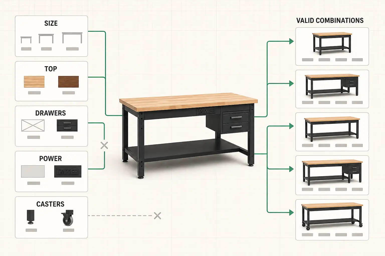 An option tree on a workbench, narrowing thousands of customization choices into a small set of valid combinations.