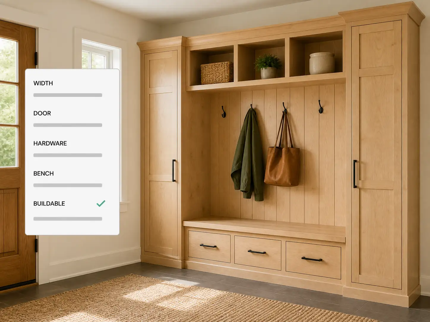 Measured bays, door styles, and hardware for a built-in mudroom cabinet, and the one buildable run.