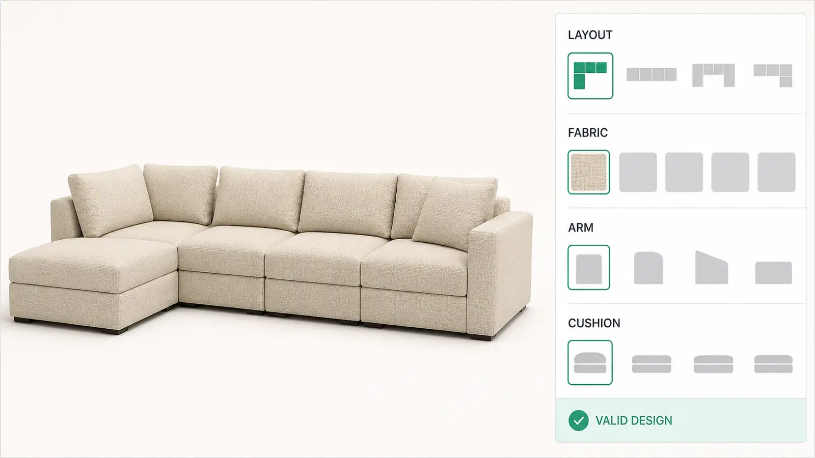 Fabric, arm, cushion, and layout options for a modular sectional sofa, beside the one valid finished design.
