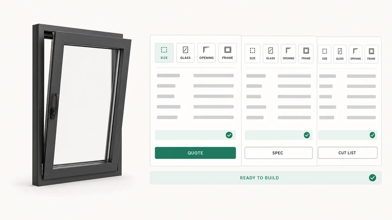 Choices for an aluminum tilt and turn window becoming a priced quote, a specification, and a factory cut list.