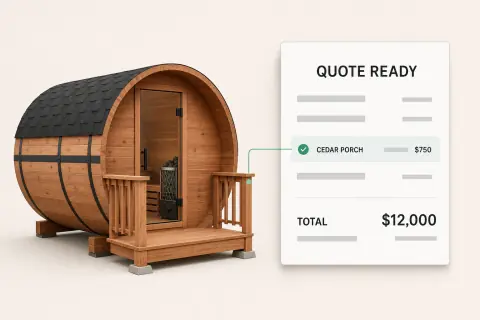 A quote assembling itself from a configured barrel sauna's options, each pricing rule moving the total, the flow this guide to quote automation walks through