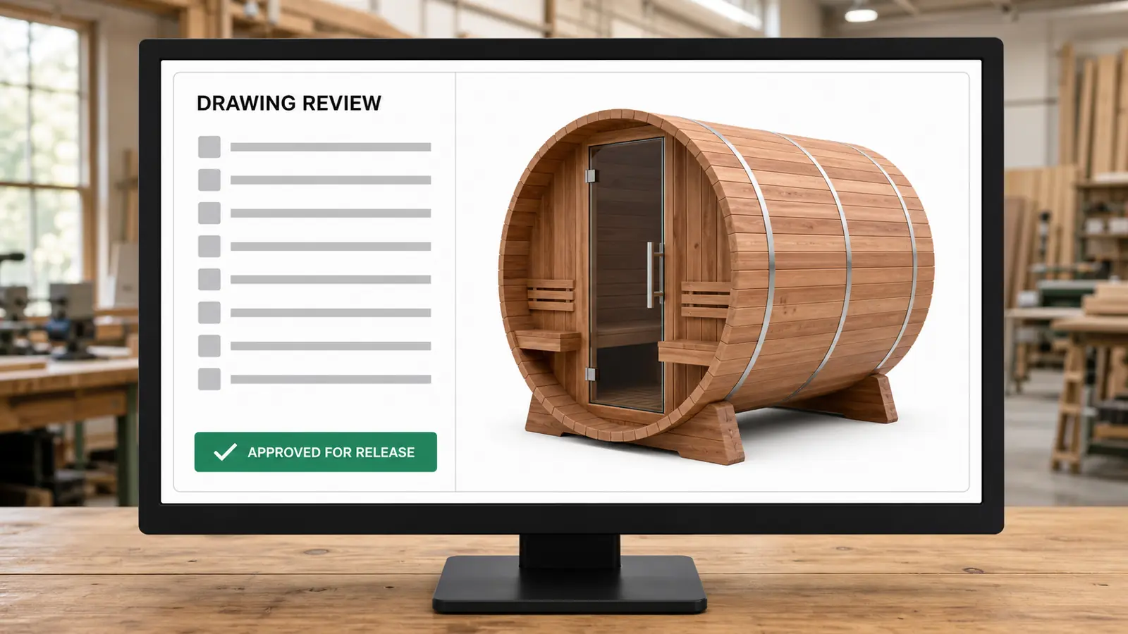 A drawing review screen on a workshop monitor showing a barrel sauna approved for release, the input check that reduces manufacturing errors before production