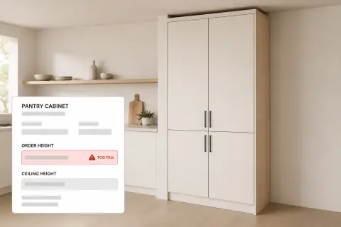 A configured full height pantry cabinet standing taller than the finished ceiling beside it, the order entry mistake this guide to reducing manufacturing errors opens on