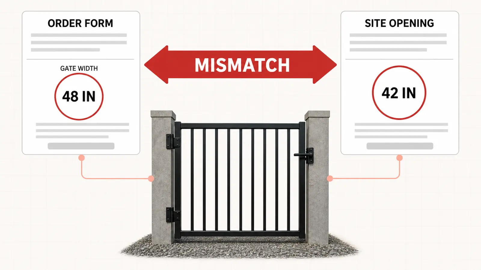 An order form's gate width beside the measured fence opening it does not match, the spec to order mismatch that becomes a manufacturing error